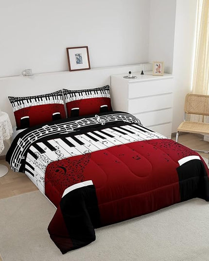 Erosebridal Music Notes Comforter Set for Kids Boys Teens Men Piano Keys Down Comforter King Size Rock Musical Bedding Set Play Piano Duvet Sets Music Bedroom Decor with 2 Pillow Cases Red Black - LeafyLoom