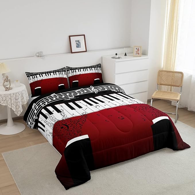 Erosebridal Music Notes Comforter Set for Kids Boys Teens Men Piano Keys Down Comforter King Size Rock Musical Bedding Set Play Piano Duvet Sets Music Bedroom Decor with 2 Pillow Cases Red Black - LeafyLoom