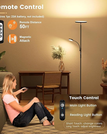 Upgraded Torchiere Floor Lamps with Reading Light, Super Bright Floor Lamps, Dimmable 3000K-6000K LED Sky Standing Lamp, Tall Lamp with Remote & Touch Control for Living Room Bedroom Office - LeafyLoom