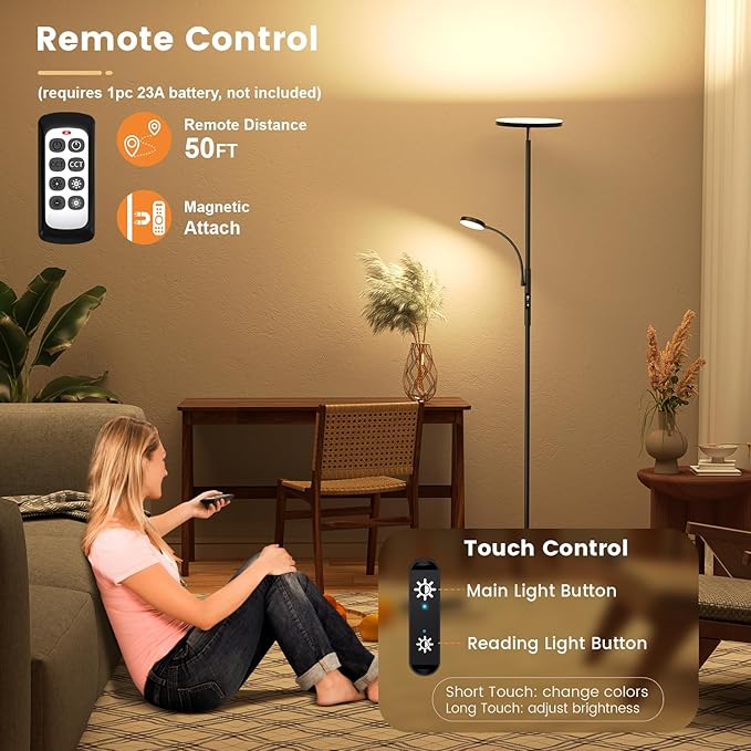 Upgraded Torchiere Floor Lamps with Reading Light, Super Bright Floor Lamps, Dimmable 3000K-6000K LED Sky Standing Lamp, Tall Lamp with Remote & Touch Control for Living Room Bedroom Office - LeafyLoom