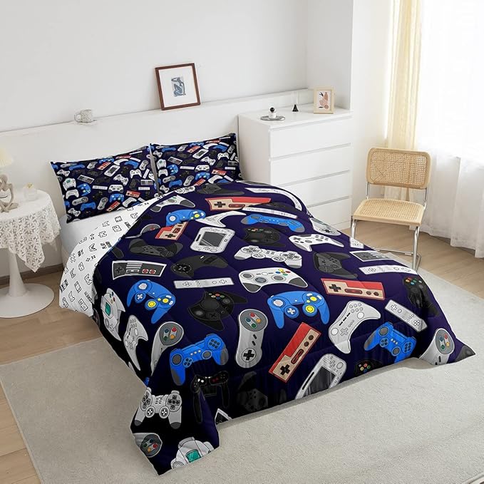 Erosebridal Teens Gamer Comforter Set King Size, Modern Game Down Comforter for Kids Boys Children, Video Game Bedding Set,Player Gaming Gamepad Joystick Soft Quilt Set Room Decor - LeafyLoom
