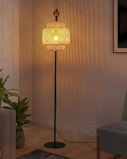 Unique Farmhouse Floor Lamp for Living room, Bedroom and Office, Original Handmade Bamboo Rattan Shade Tall Standing Light Black , Modern Vintage Rustic Rural Décor(No Bulbs) - LeafyLoom