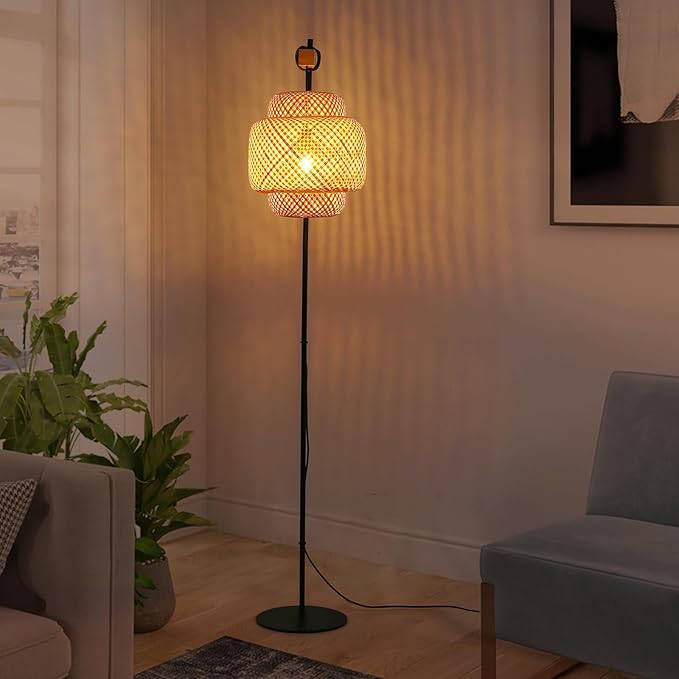Unique Farmhouse Floor Lamp for Living room, Bedroom and Office, Original Handmade Bamboo Rattan Shade Tall Standing Light Black , Modern Vintage Rustic Rural Décor(No Bulbs) - LeafyLoom