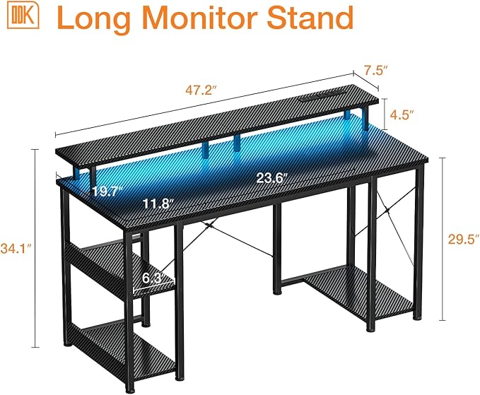 ODK 48 inch Computer Desk with Power Outlets & LED Lights, Gaming Desk with Monitor Stand & Storage Sheves, Home Office Desk, Carbon Fiber Black - LeafyLoom