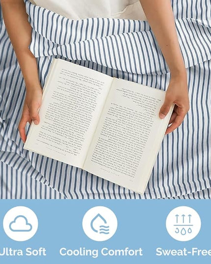 Cal King Size 4 Piece Sheet Set - Comfy Breathable & Cooling Sheets - Hotel Luxury Bed Sheets for Women & Men - Deep Pockets, Easy-Fit, Soft & Wrinkle Free Sheets - Blue Stripes Oeko-Tex Bed Sheet Set - LeafyLoom