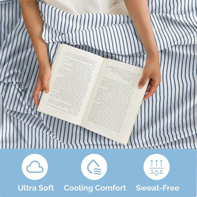 Cal King Size 4 Piece Sheet Set - Comfy Breathable & Cooling Sheets - Hotel Luxury Bed Sheets for Women & Men - Deep Pockets, Easy-Fit, Soft & Wrinkle Free Sheets - Blue Stripes Oeko-Tex Bed Sheet Set - LeafyLoom