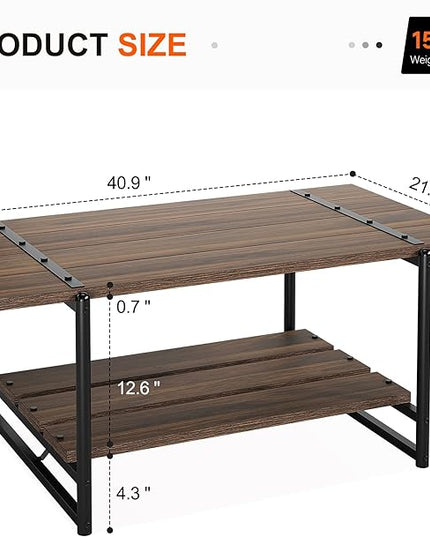 Towallmark 2-Tier Wood Coffee Table, Farmhouse Coffee Table with Storage Shelf- Rustic Metal Rectangle Center Living Room Coffee Table Accent Furniture for Home Office (Black Walnut) - LeafyLoom