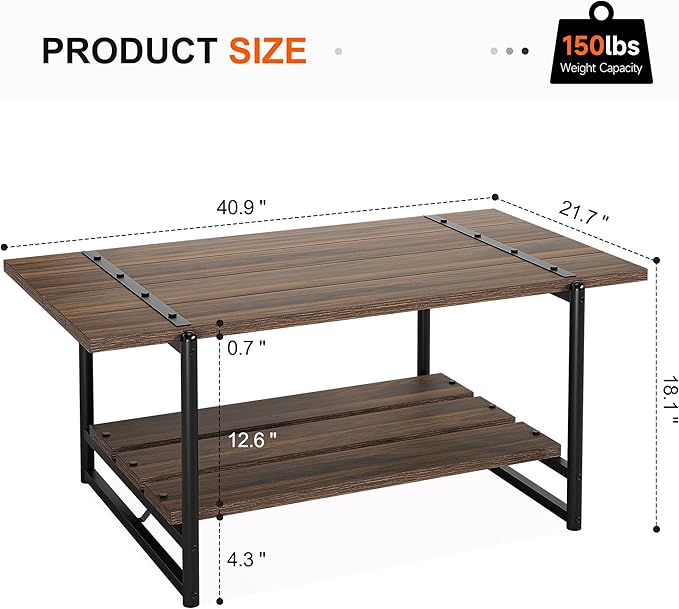 Towallmark 2-Tier Wood Coffee Table, Farmhouse Coffee Table with Storage Shelf- Rustic Metal Rectangle Center Living Room Coffee Table Accent Furniture for Home Office (Black Walnut) - LeafyLoom