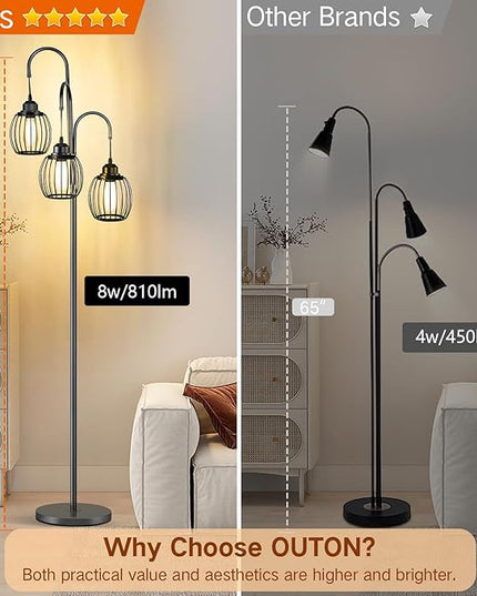 OUTON Dimmable Industrial Floor Lamps for Living Room, Standing Tall Lamps with 3 Arc Hanging Iron Wire Cage Heads & 3 LED Edison Bulbs, Rustic Tree Floor Lights for Farmhouse, Bedroom, Office, Black - LeafyLoom