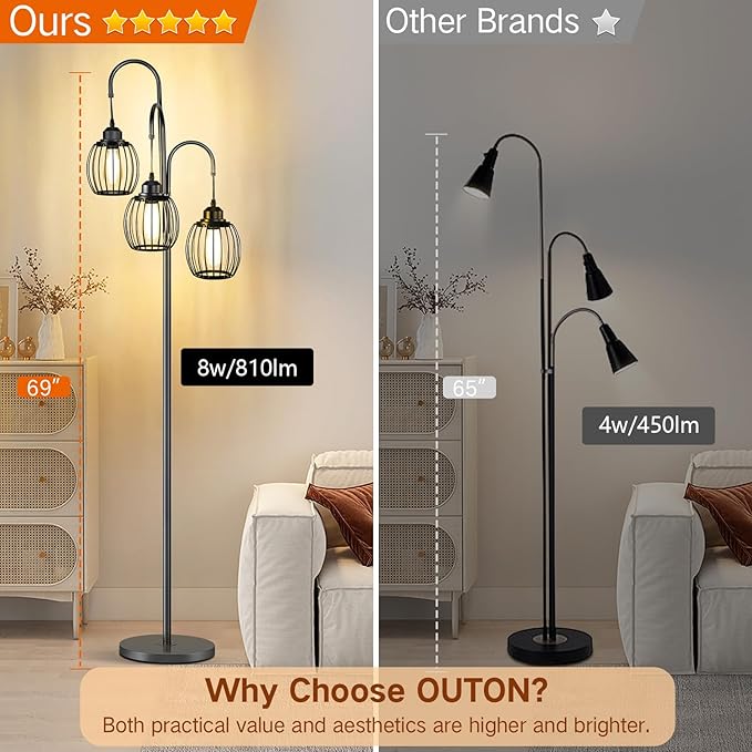 OUTON Dimmable Industrial Floor Lamps for Living Room, Standing Tall Lamps with 3 Arc Hanging Iron Wire Cage Heads & 3 LED Edison Bulbs, Rustic Tree Floor Lights for Farmhouse, Bedroom, Office, Black - LeafyLoom