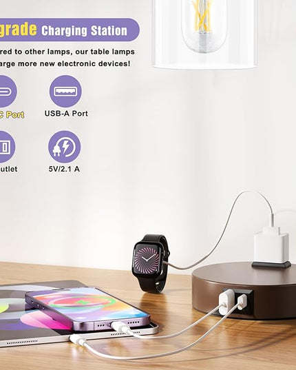 Innqoo Industrial Touch Table Lamps for Bedrooms Set of 2-3-Way Dimmable Lamps with USB C+A Ports and Outlet, Brown Bedside Lamps with Clear Glass Shade for Living Room, Desk Lamps for Home Office - LeafyLoom