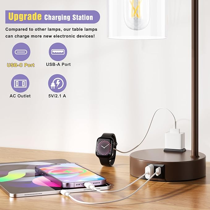 Innqoo Industrial Touch Table Lamps for Bedrooms Set of 2-3-Way Dimmable Lamps with USB C+A Ports and Outlet, Brown Bedside Lamps with Clear Glass Shade for Living Room, Desk Lamps for Home Office - LeafyLoom