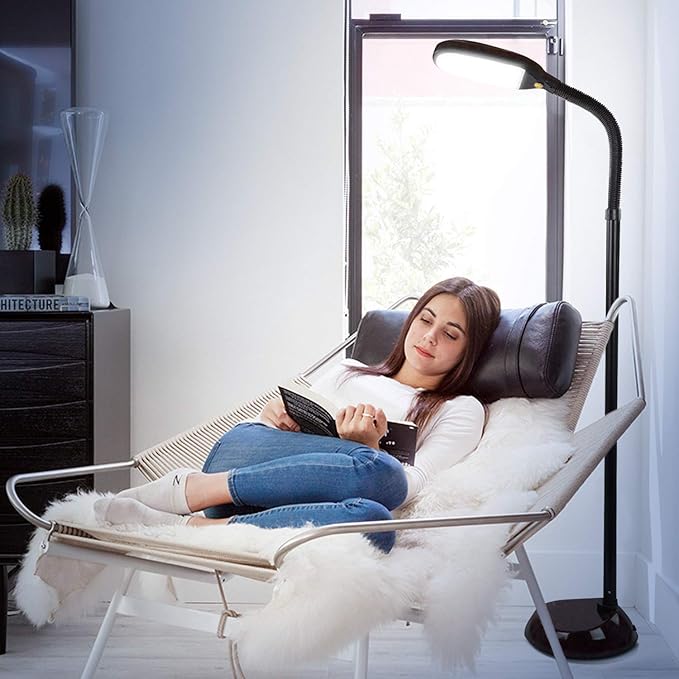 Brightech Litespan - Bright LED Floor Reading Lamp for Over Chair Crafts and Reading, Estheticians' Light for Lash Extensions, Adjustable Standing Lamp for Living Room, Bedroom, Office - Havana Brown - LeafyLoom