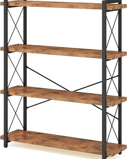 HCHQHS Bookshelf, 4-Tier Industrial Bookcase, Rustic Open Book Shelf, Freestanding Tall Bookshelves with Metal Frame - LeafyLoom