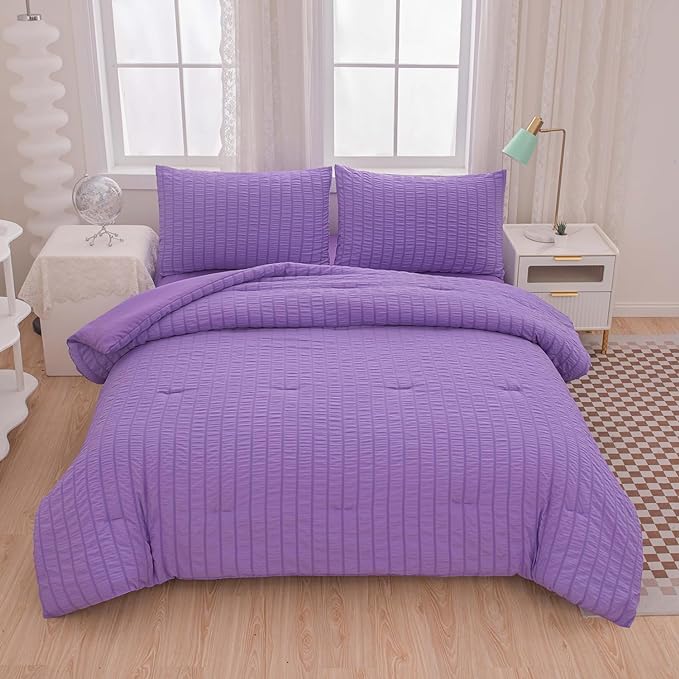 Twin Bed in a Bag Purple Seersucker Comforter Set 5-Pieces Microfiber Lightweight Comforter All Season Bedding Sets with Comforter,Flat Sheet,Fitted Sheet and Pillowcases - LeafyLoom