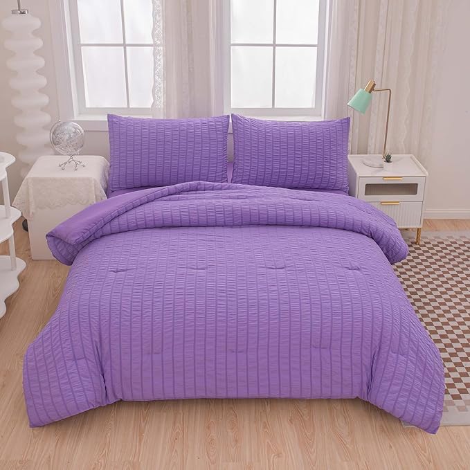 King Bed in a Bag Purple Seersucker Comforter Set 3-Pieces Microfiber Lightweight Comforter All Season Bedding Sets with 2 Pillowcases…… - LeafyLoom
