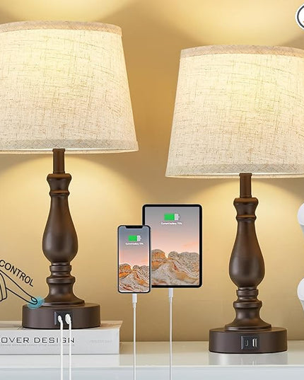 Table Lamps for Bedrooms Set of 2 - Touch Bedside Lamps with Dual USB Ports - 3 Way Dimmable Nightstand Lamps for End Tables Farmhouse Night Stand Lamps for Living Room Bed Side Guest Room - LeafyLoom