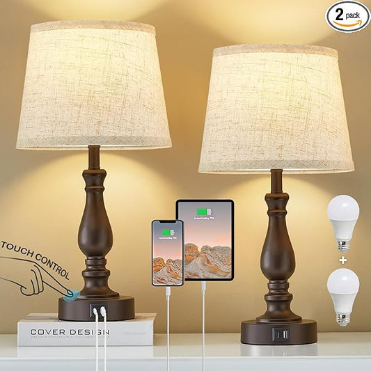 Table Lamps for Bedrooms Set of 2 - Touch Bedside Lamps with Dual USB Ports - 3 Way Dimmable Nightstand Lamps for End Tables Farmhouse Night Stand Lamps for Living Room Bed Side Guest Room - LeafyLoom