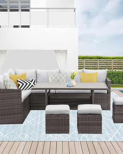 7 Piece Wicker Rattan Outdoor Dining Set with Dining Table and Ottomans, Patio Table and Chairs Set - LeafyLoom