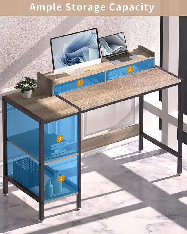 Computer Desk - 47” Gaming Desk, Home Office Desk with Storage, Small Desk with Monitor Stand, Writing Desk for 2 Monitors, Adjustable Storage Space, Modern Design Corner Table - LeafyLoom