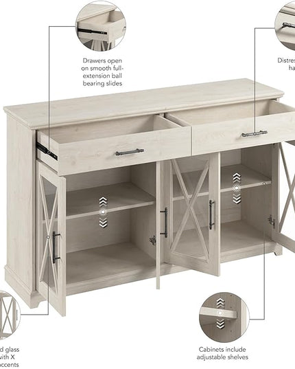 Bush Furniture Lennox Farmhouse Stand for 75 Inch TV | Living Room Entertainment Center with Storage, 60W, Linen White Oak - LeafyLoom