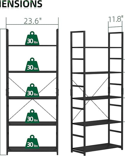 OTK 5 Tier Bookshelf, Tall Bookcase, Office Shelf Storage Organizer, Modern Book Shelf for Living Room, Bedroom, and Home Office, Black - LeafyLoom