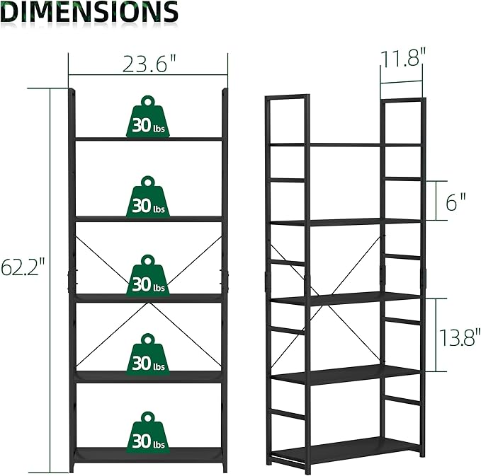 OTK 5 Tier Bookshelf, Tall Bookcase, Office Shelf Storage Organizer, Modern Book Shelf for Living Room, Bedroom, and Home Office, Black - LeafyLoom