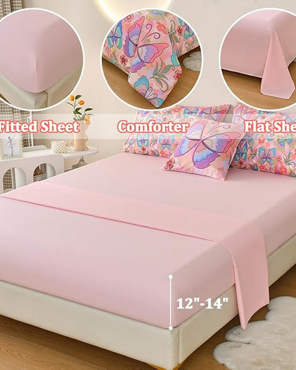 Butterfly Bedding Set Full, Pink Butterfly Comforter Set for Girls Kids Teens 6 pcs Bed in a Bag Full Bedding Sets for Girls - LeafyLoom