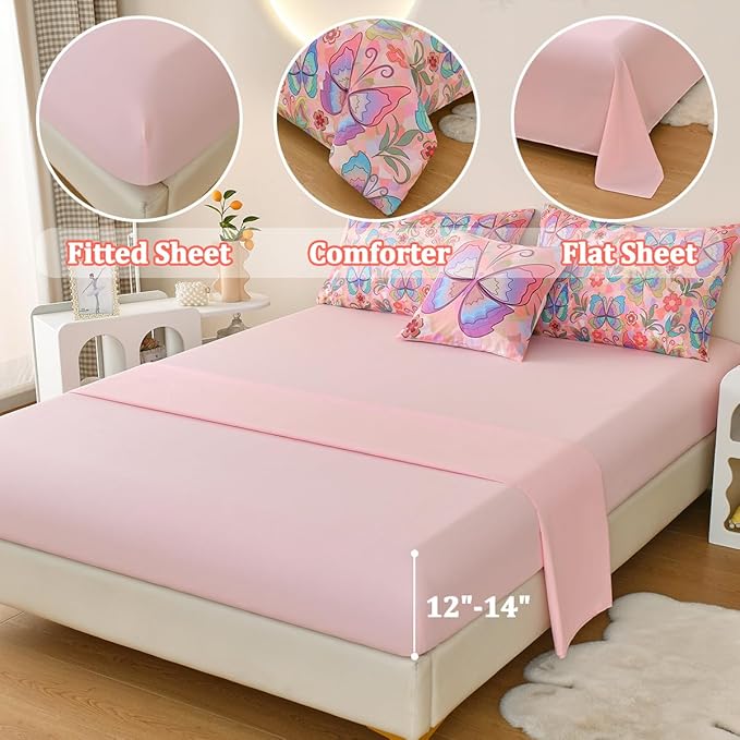 Butterfly Bedding Set Full, Pink Butterfly Comforter Set for Girls Kids Teens 6 pcs Bed in a Bag Full Bedding Sets for Girls - LeafyLoom
