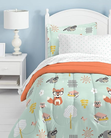 dream FACTORY Kids 5-Piece Complete Set Easy-Wash Super Soft Microfiber Comforter Bedding, Twin, Green Woodland Friends - LeafyLoom