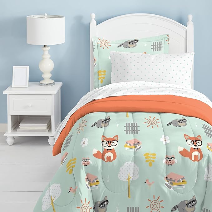 dream FACTORY Kids 5-Piece Complete Set Easy-Wash Super Soft Microfiber Comforter Bedding, Twin, Green Woodland Friends - LeafyLoom