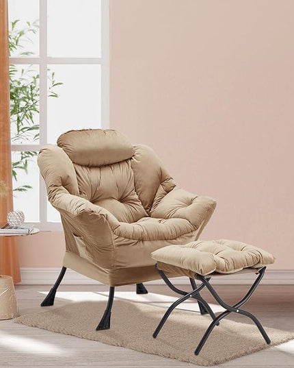 Lazy Chair with Folding Ottoman, Accent Chair Velvet Upholstered with Metal Structure and Non-Slip Pads, Sofa Armchair with Footrest and Side Storage Bag for Dorm, Room, Office, Khaki - LeafyLoom