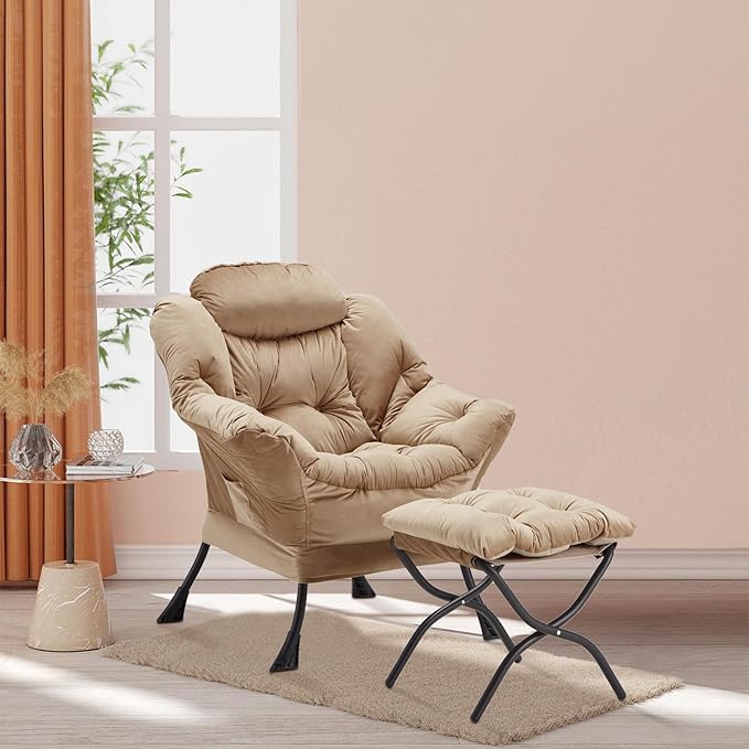 Lazy Chair with Folding Ottoman, Accent Chair Velvet Upholstered with Metal Structure and Non-Slip Pads, Sofa Armchair with Footrest and Side Storage Bag for Dorm, Room, Office, Khaki - LeafyLoom