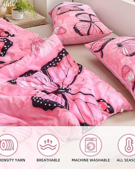 Btargot 3 Piece Pink Butterfly Girls Kids Adults Queen Size Comforter Set, Lightweight Soft All Season Bedding Set with 2 Pillowcases - LeafyLoom