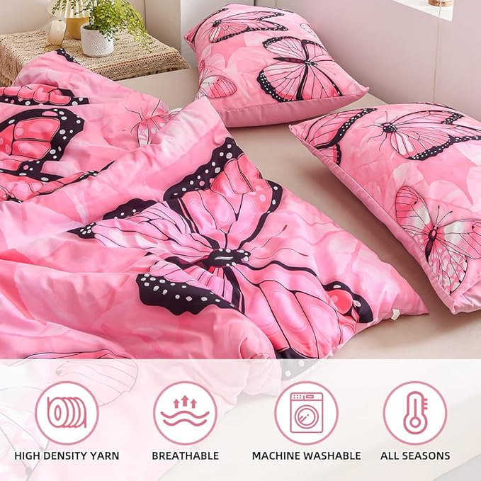 Btargot 3 Piece Pink Butterfly Girls Kids Adults Queen Size Comforter Set, Lightweight Soft All Season Bedding Set with 2 Pillowcases - LeafyLoom