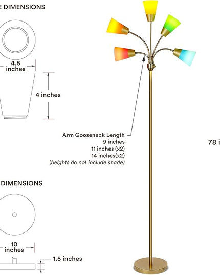 Brightech Medusa Modern LED Floor Lamp – Multi Head Floor Lamp for Living Rooms & Offices – Tall Lamp with Interchangeable Shade, Standing Lamp with 5 LED Bulbs for Hobbies - Brass - LeafyLoom