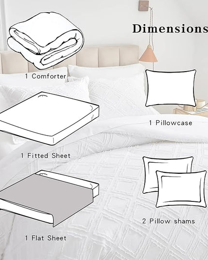 6 Pieces Tufted Bed in a Bag Twin Comforter Set with Sheets White, Soft and Embroidery Shabby Chic Boho Bohemian Design, Luxury Solid Color with Diamond Pattern, Jacquard Tufts Bedding Set for Kids - LeafyLoom