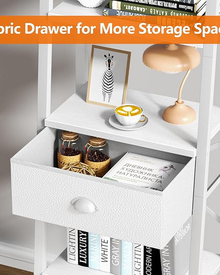 Furologee 5 Tier BookShelf, Ladder Shelf with Drawer, Tall Bookcase Corner Shelf, Narrow Shelf Industrial Display Standing Units for Home Office, Living Room, Bedroom, Kitchen, White - LeafyLoom