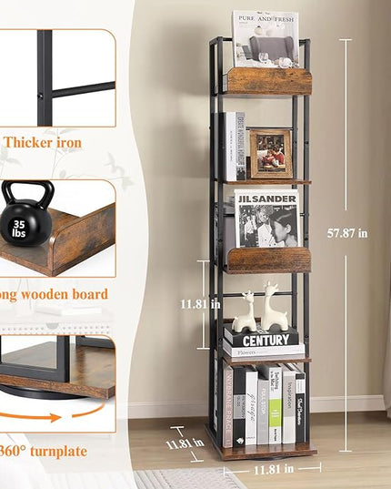 Bikoney Bookshelves 5-Tier, Rotating Bookshelf Tower for Corner, Small Bookcase, Tall Industrial Bookshelf, Narrow Bookshelf, Wood and Metal Black - LeafyLoom
