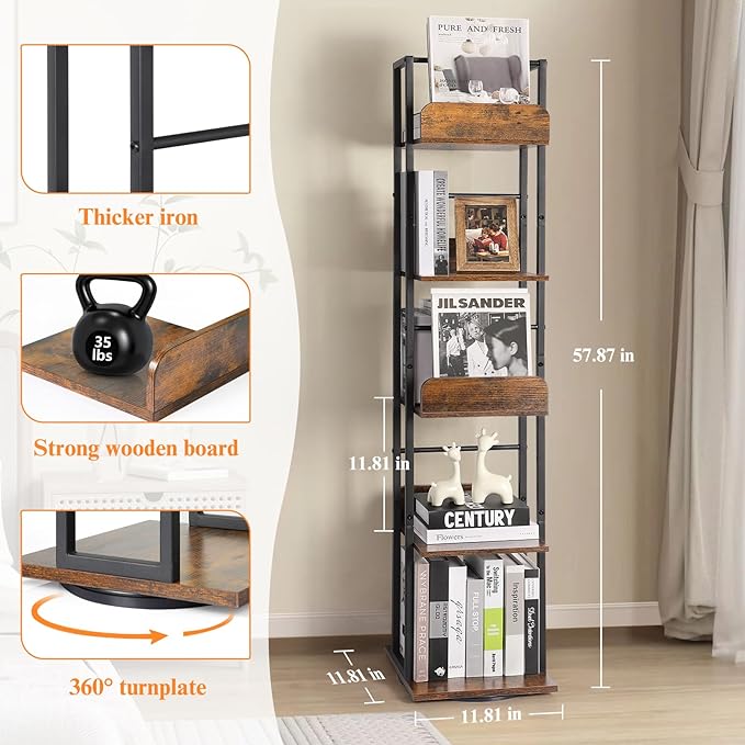 Bikoney Bookshelves 5-Tier, Rotating Bookshelf Tower for Corner, Small Bookcase, Tall Industrial Bookshelf, Narrow Bookshelf, Wood and Metal Black - LeafyLoom