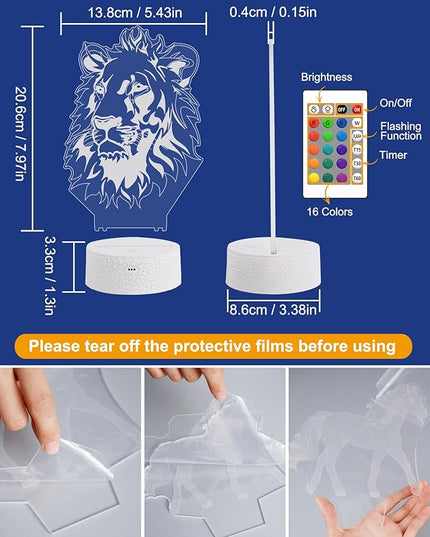 FULLOSUN Lion Gift, Kids Lion Night Light (with Remote Control), 3D Illumination Lights Boys Gift 16 Colors Changeable Kids Room Lighting Creative Decoration... (Lion) - LeafyLoom