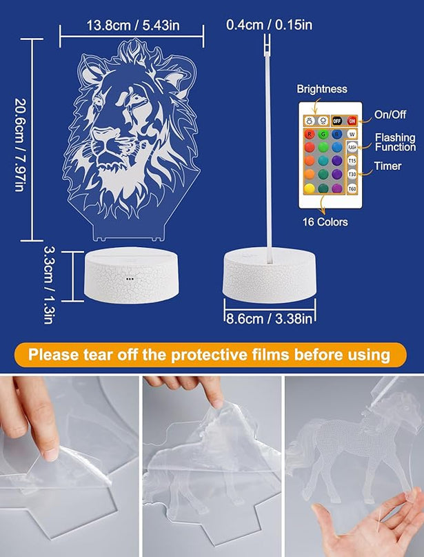 FULLOSUN Lion Gift, Kids Lion Night Light (with Remote Control), 3D Illumination Lights Boys Gift 16 Colors Changeable Kids Room Lighting Creative Decoration... (Lion) - LeafyLoom