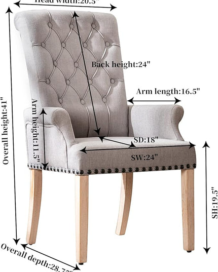 Dining Room Chairs with Arms,Tufted Upholstered High Back Nailed Trim with Untique Oak Wood Legs for Kitchen Restaurant Room Bedroom - LeafyLoom