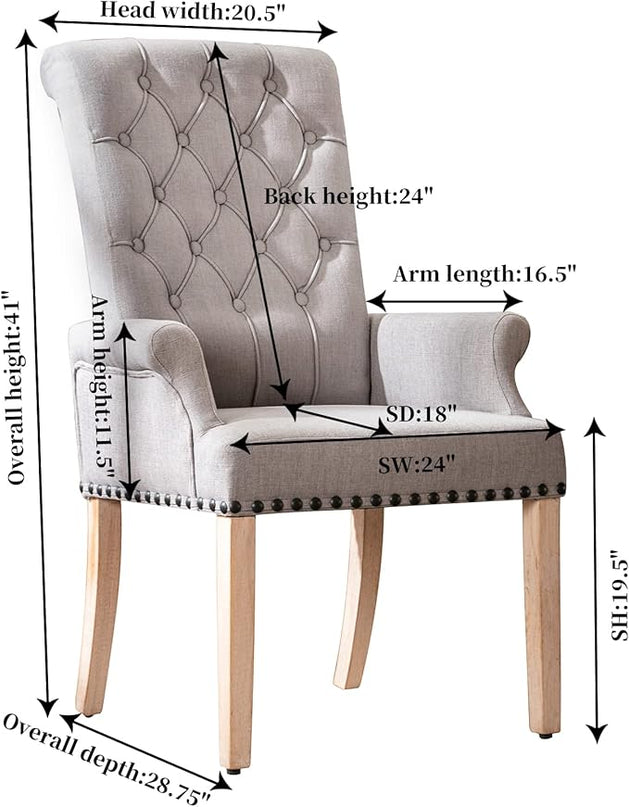 Dining Room Chairs with Arms,Tufted Upholstered High Back Nailed Trim with Untique Oak Wood Legs for Kitchen Restaurant Room Bedroom - LeafyLoom