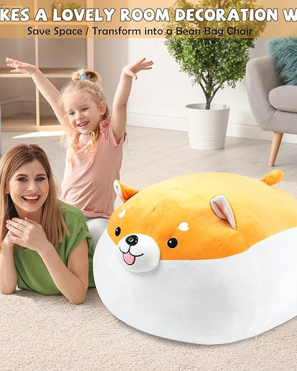 Stuffed Animal Storage Bean Bag Chair Cover for kids Cute Shiba Inu Yellow Dog Large Beanbag Plush Toy Bedroom Décor Organizer Cover, No Beans - LeafyLoom