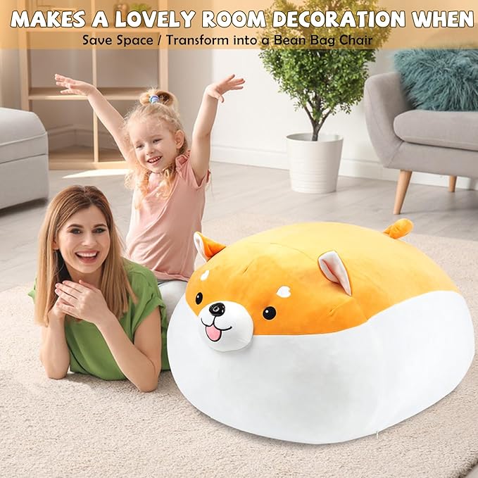 Stuffed Animal Storage Bean Bag Chair Cover for kids Cute Shiba Inu Yellow Dog Large Beanbag Plush Toy Bedroom Décor Organizer Cover, No Beans - LeafyLoom