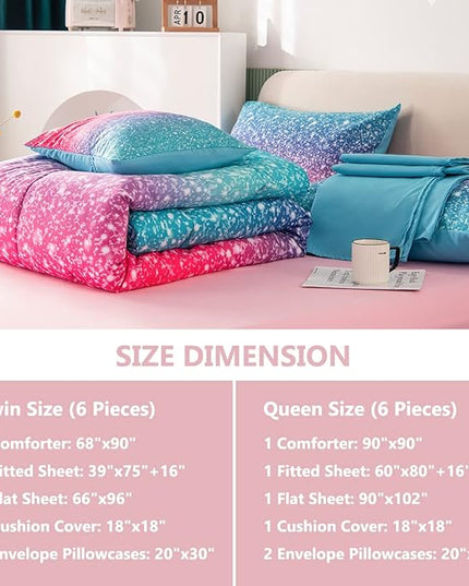 PERFEMET Girls Comforter Set Twin Size 6 Piece Bed in A Bag 3D Colorful Rainbow Bedding Comforter Sheet Set for Kids - (1 Comforter, 1 Flat Sheet, 1 Fitted Sheet, 2 Pillowcases, 1 Cushion Cover) - LeafyLoom