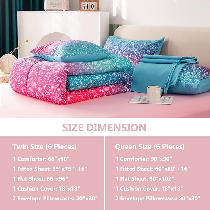 PERFEMET Girls Comforter Set Queen Size, 6 Piece Bed in A Bag, Colorful Rainbow Bedding Set with Comforter and Sheet, Gradient Pink Glitter Galaxy Bed Set for Teen Girls Kids Women, Blue Turquoise - LeafyLoom