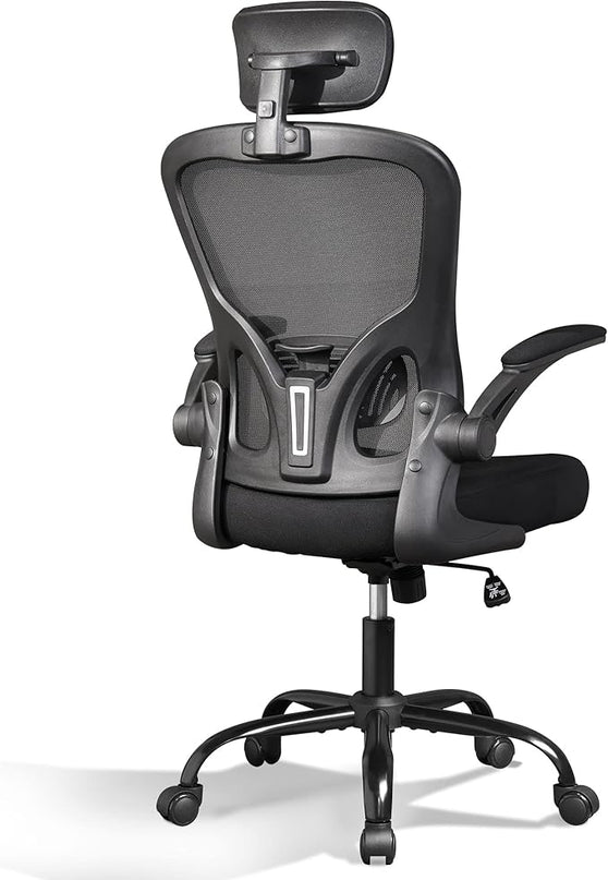 DEVAISE Mesh Computer Office Chair, High Back Ergonomic Desk Chair with Flip-up Armrests and Adjustable Headrest, Backrest and Lumbar Support, Black - LeafyLoom