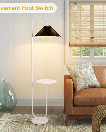 Modern Elegant with Tray Floor Lamp for Office Cafe Den Living Room Bedroom, Foot Switch and White Paint, Black Pleated Cloth Lampshade - LeafyLoom